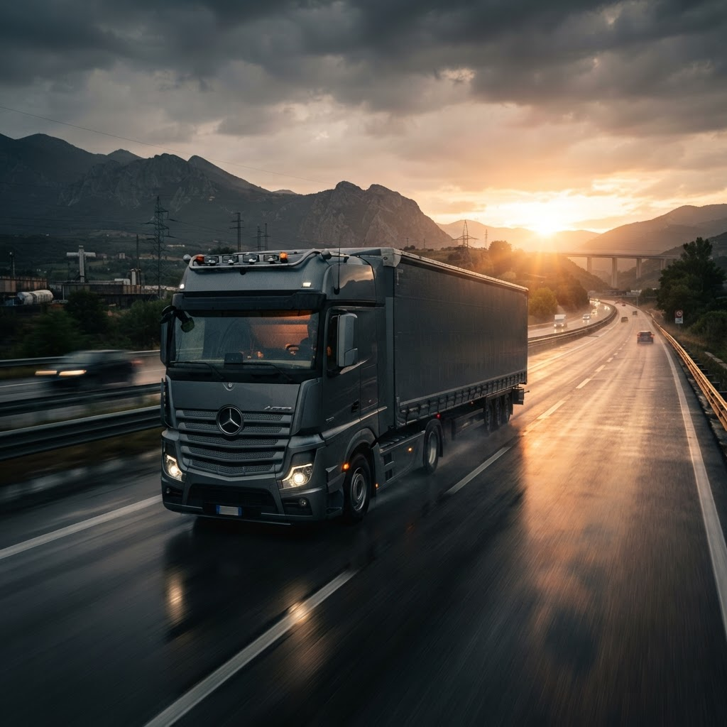 Trattore stradale con semirimorchio ADAM IACOB LOGISTIC in autostrada al tramonto in Italia